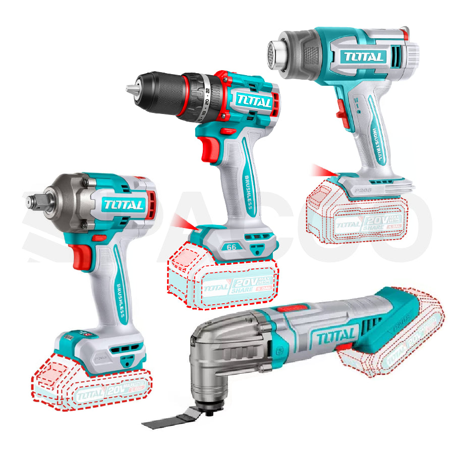 Mega Kit Taladro + Llave de IMP + Pistola de calor + Sierra oscilante - Total