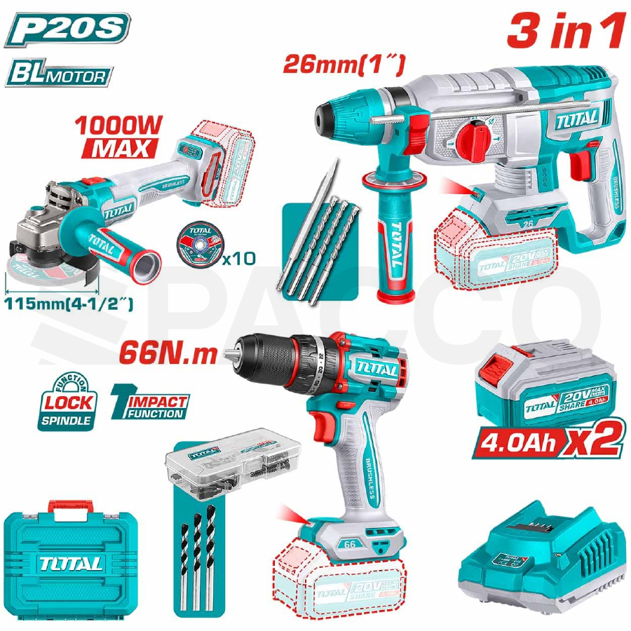 MEGA Combo Taladro + Amoladora + Rotomartillo liviano INAL. - Total