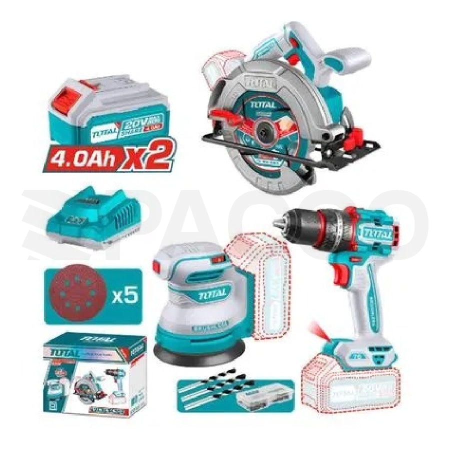 Mega Combo Circular + Taladro 76 N.m. + Lijadora Orbital 20V - Total