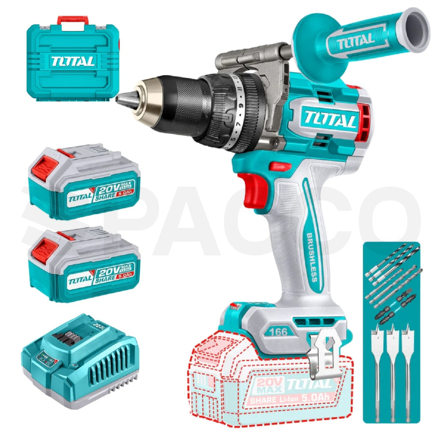 Taladro Percutor 166 Nm + 2 Baterías 5 Ah y 1 Cargador 20v - TOTAL