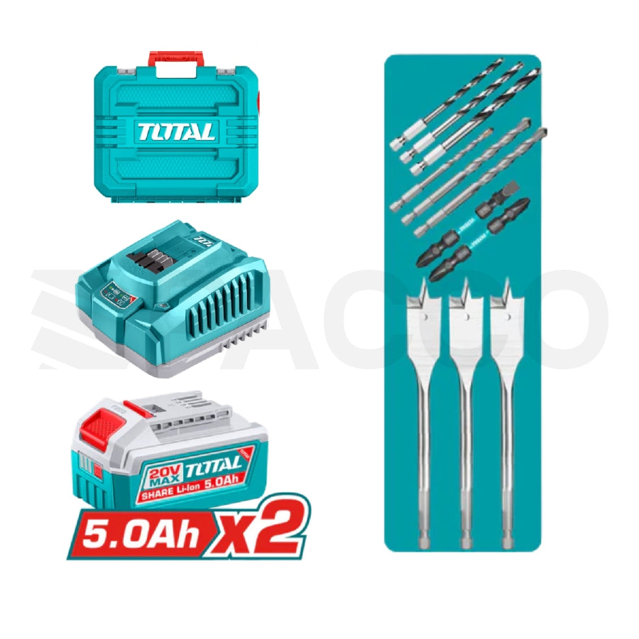 Taladro Percutor 166 Nm + 2 Baterías 5 Ah y 1 Cargador 20v - TOTAL