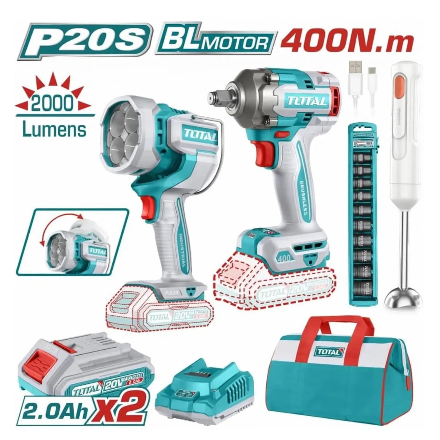 Combo de Llave de Impacto, Lámpara y Batidora - Total
